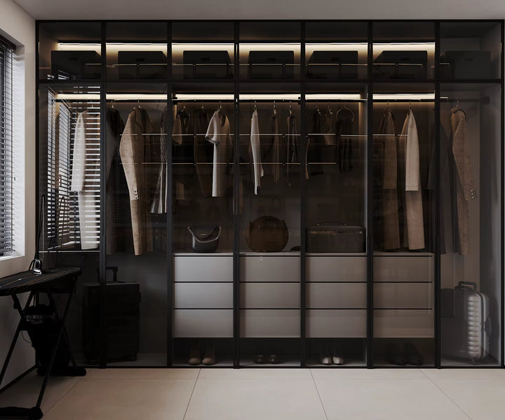 Modern Luxury Bedroom Closet Storage Aluminum L Shape Sliding Door Glass Double Wardrobe with Light