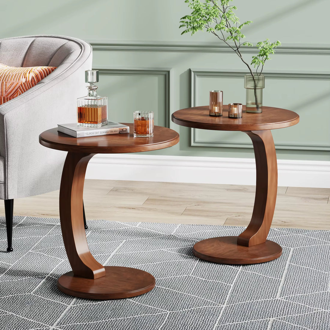 Round End Wood C-Shaped Side Table Modern Home