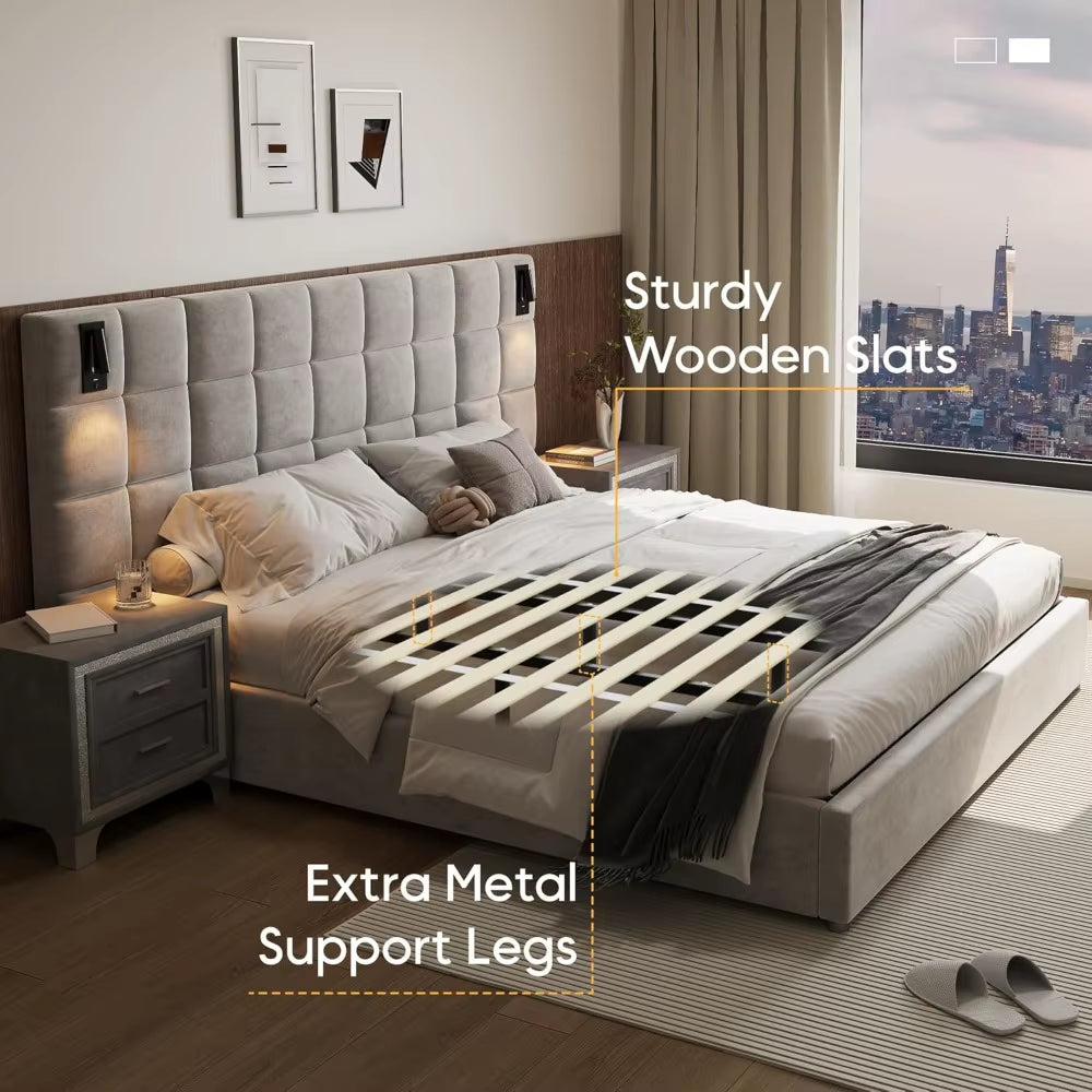 Elegant Velvet, King Platform Bed Frame with Headboard, 2 LED Wall Sconces