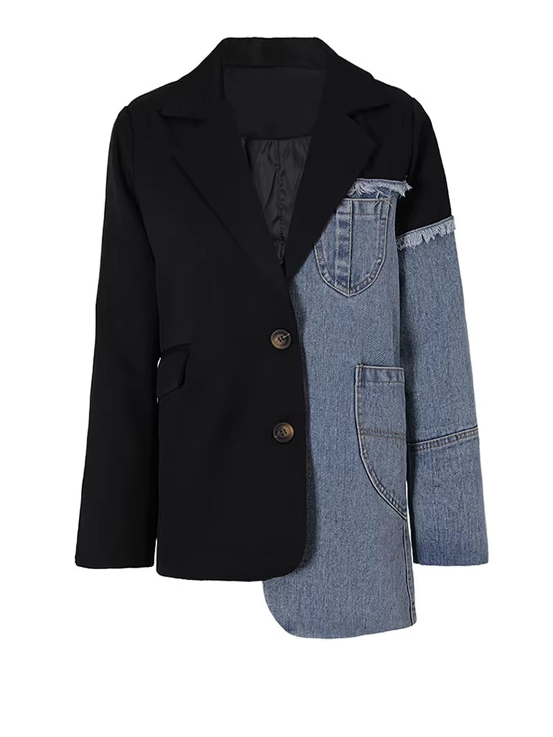 New Women Blue Denim Irregular Casual Blazer 