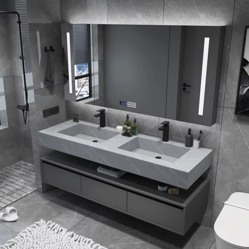 Customized Slate Solid Wood Double Sink Grey Bathroom Vanity Cabinets