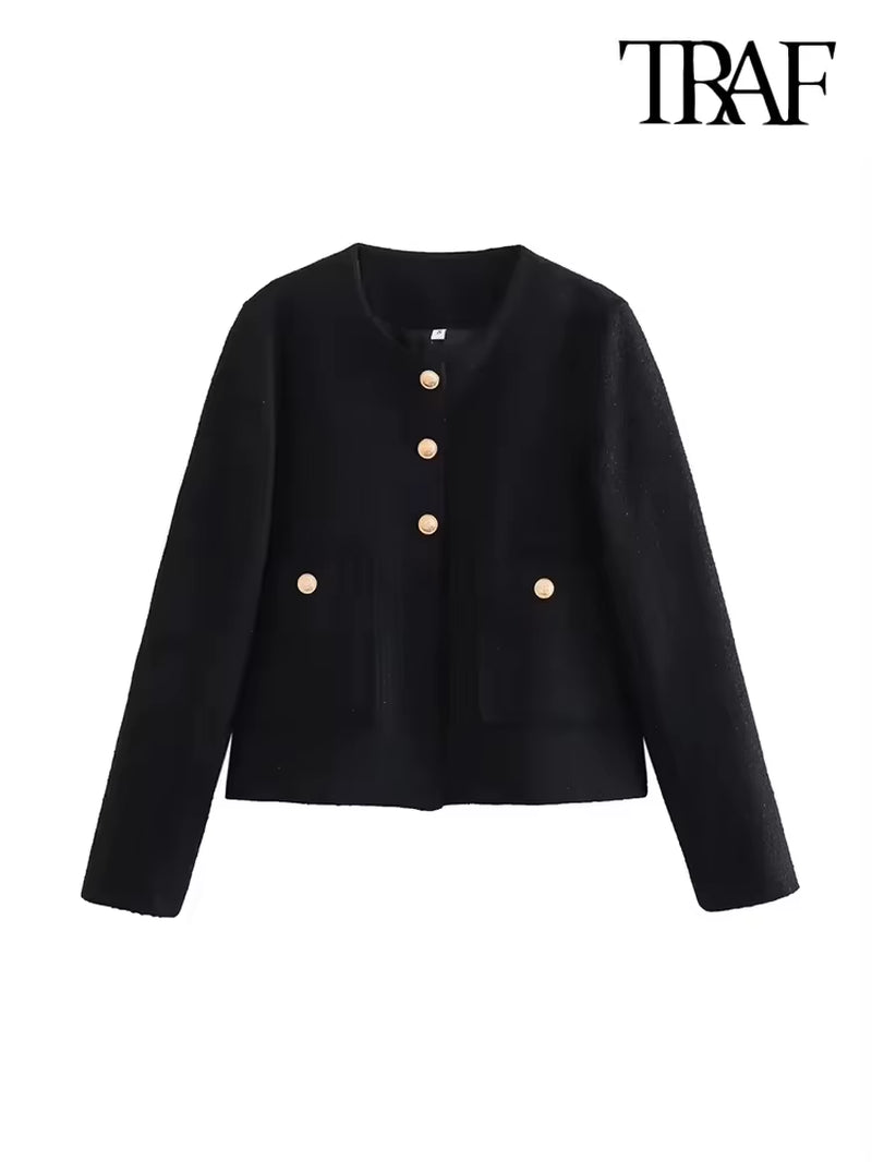 Women Fashion with Pockets Tweed Jack Coat Vintage Long Sleeve Front Button Female Outerwear Chic Tops