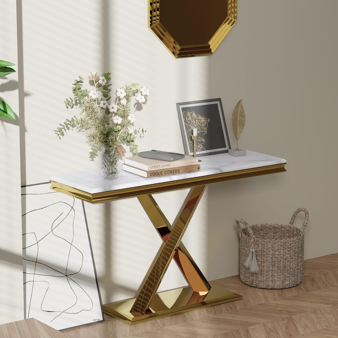 Gold Console Table, 50" Entryway Table with White Tabletop & Gold Polished X-Base, Luxury Sofa Table for Living Room, Hallway, Foyer