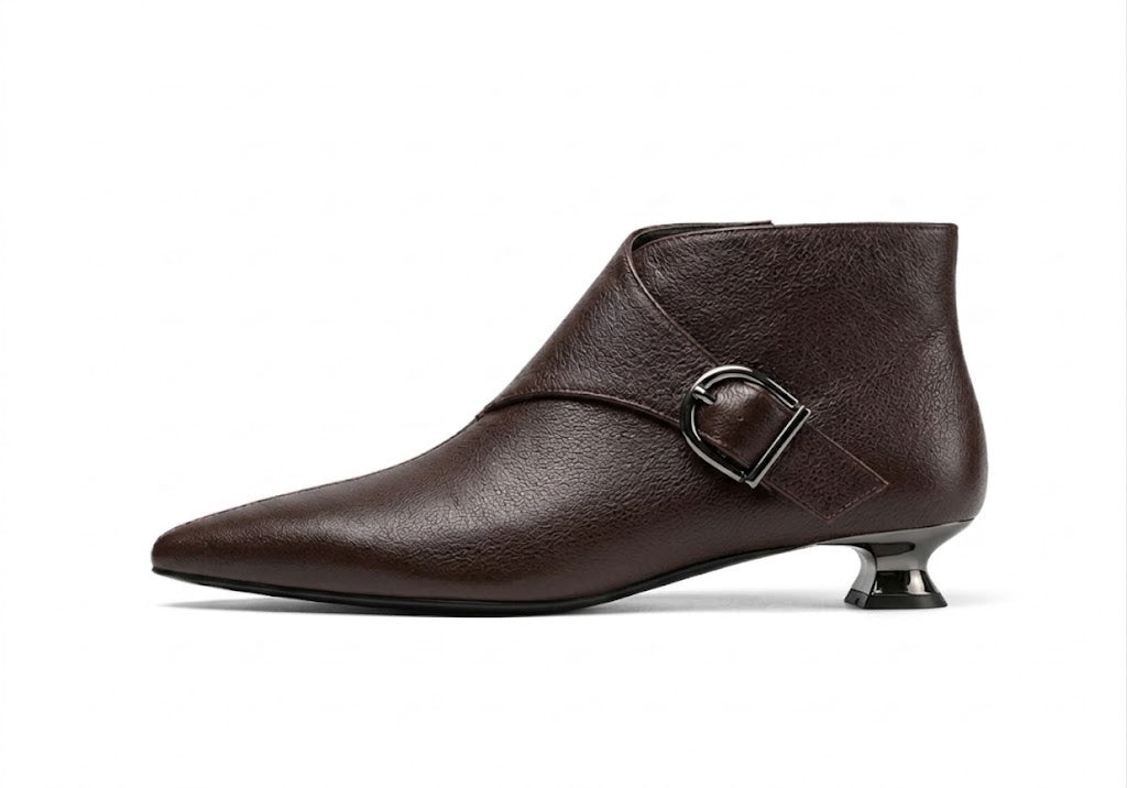 Luxury Women's Sheepskin Leather Ankle Boots – Pointed Toe, Back Zipper, Metal Buckle Slim Heel