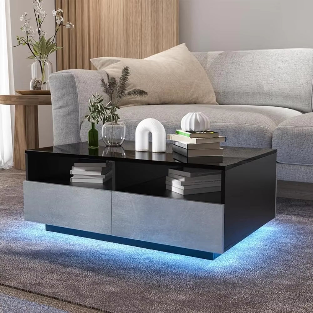 LED Coffee Table with 4 Drawers for Living Room High Golssy with Storage Sofa End Table Open Shelves Grey& Black Coffee Tables