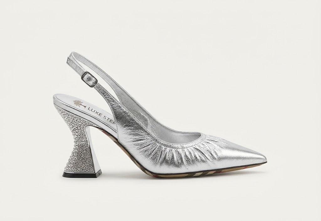 Women's Pointed-Toe Leather Crystal Embellished Chunky Heel Sandals