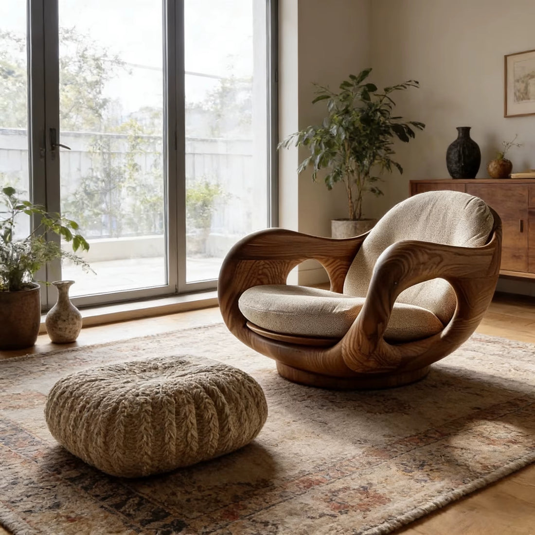 Mid Century Style Solid Wood Curved Leisure Chair Rotatable Base Custom Fabric Color Living Room Showroom Single Sofa Chair