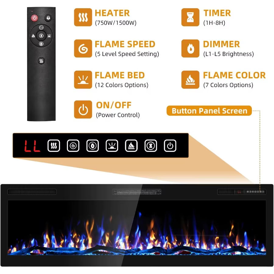 Modern 60' Electric Fireplace Wall Mounted HD Flame Effect
