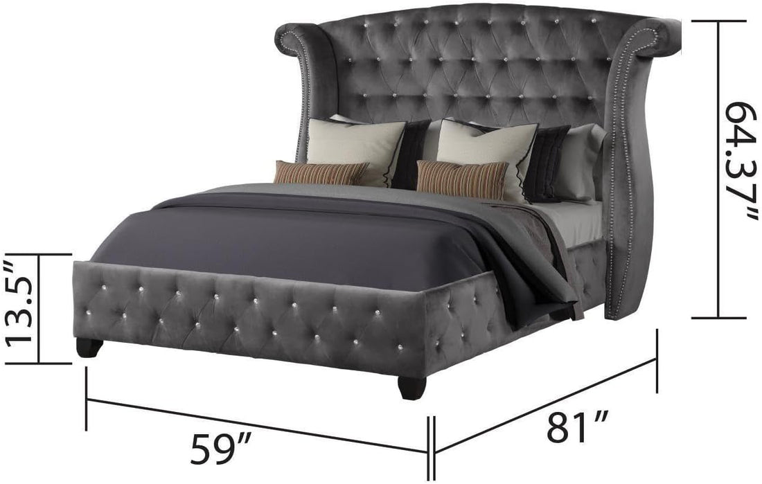 Luxury Bed Frame - Velvet Upholstered Platform Bed with Rolled Headboard 