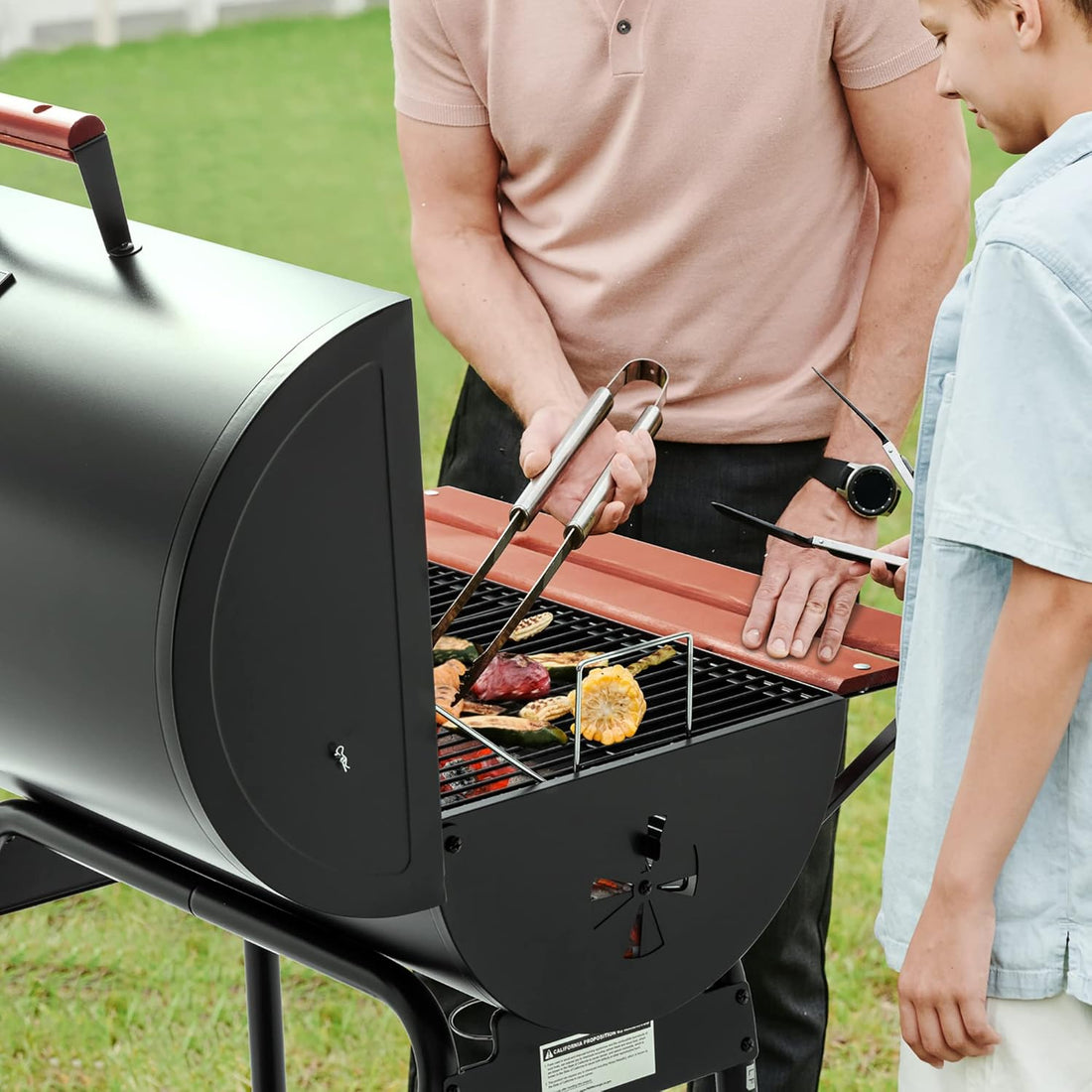 CC1830V 30 Barrel Charcoal Grill with Wood-Painted Side Front Table, 627 Square Inches Cooking Space, for Outdoor Backyard, Patio and Parties, Black