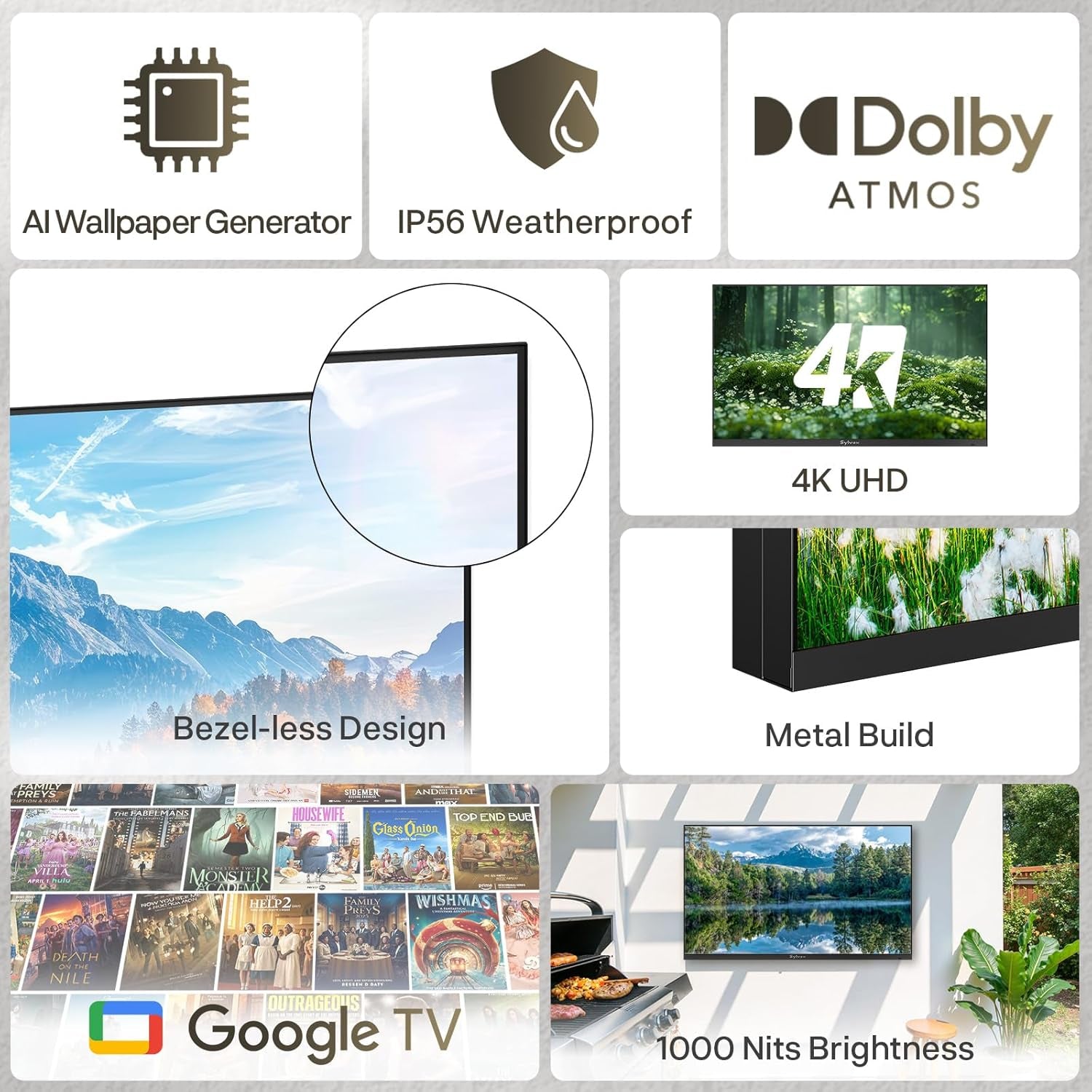 65 Inch Outdoor TV, Ultra-Narrow Bezel, 4K Smart Google TV, 1000 Nits Partial Sun, IP56 Waterproof, Dual Speakers, All-Weather Metal Chassis for Patio, Deck, Backyard (Frameless Series)