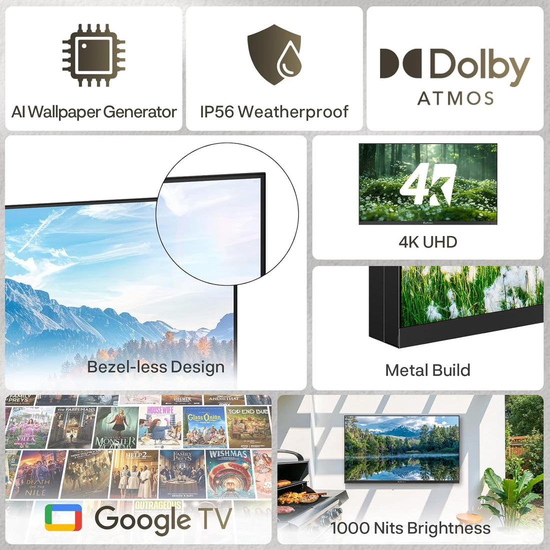 65 Inch Outdoor TV, Ultra-Narrow Bezel, 4K Smart Google TV, 1000 Nits Partial Sun, IP56 Waterproof, Dual Speakers, All-Weather Metal Chassis for Patio, Deck, Backyard (Frameless Series)