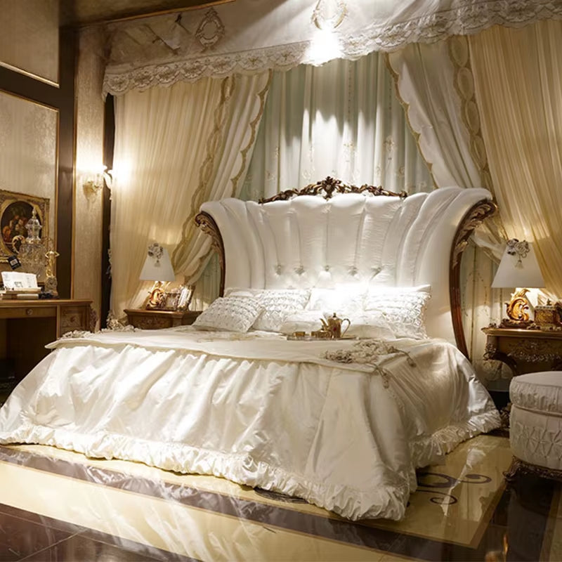 Luxury French Royal White Velvet Fabric King-Size Antique Bed 
