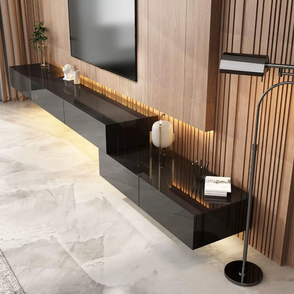 Modern Wall-Mounted TV Stand with Glossy Drawers and Lighting