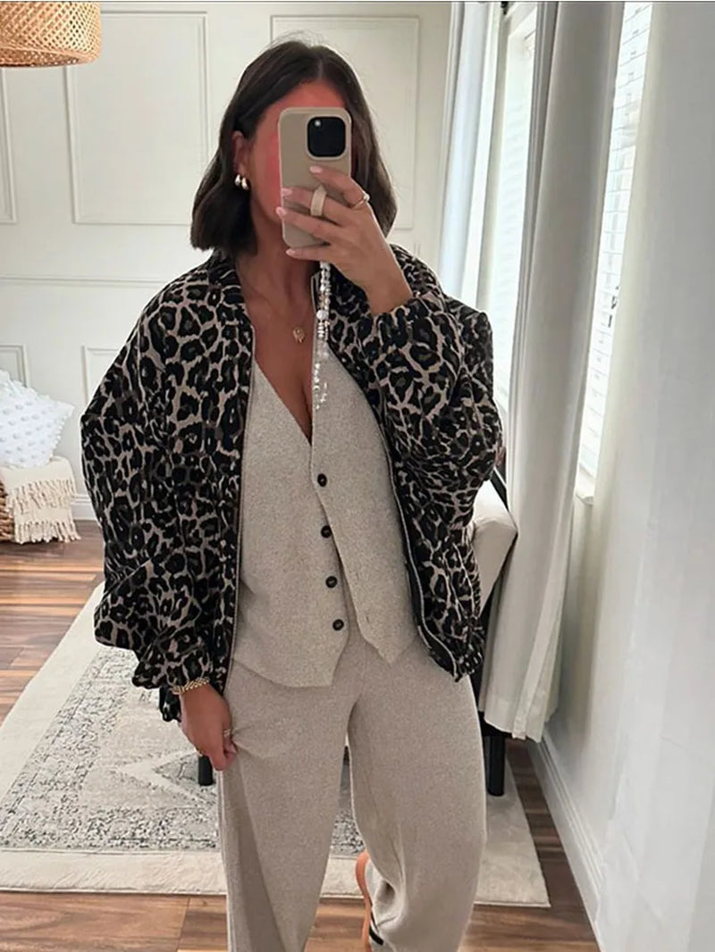 New Stylish  Female Winter Warm High Street Outwear Retro Leopard Print Cotton Coats Women Autumn Zipper Jacket