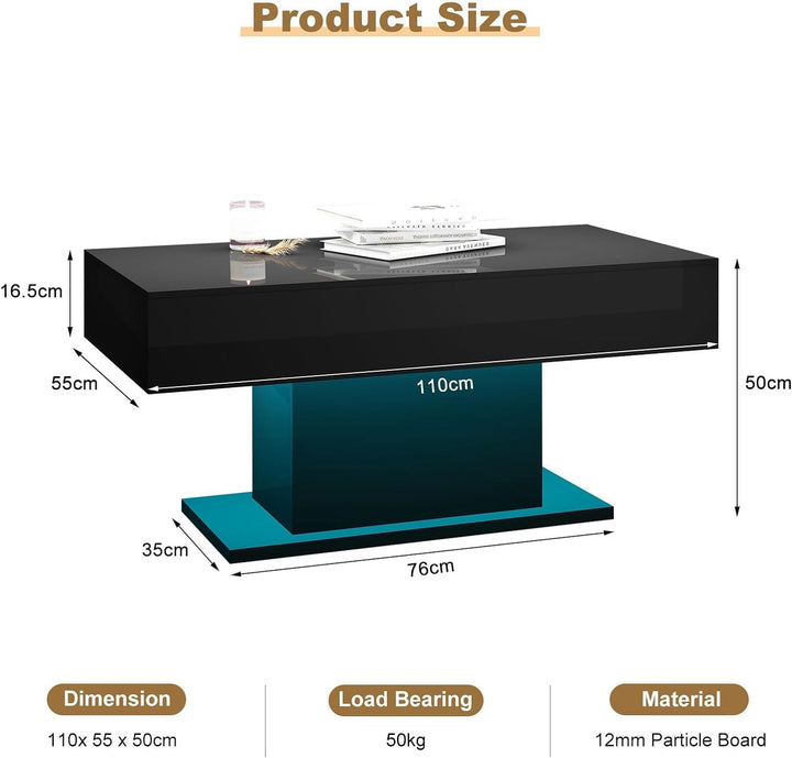 New Luxury Black High Gloss Coffee Table for Living Room, Modern Cocktail Tables with 16-Color LED Light, Center Tea Table for Home/Bar/Store (W110Xd55Xh50Cm)