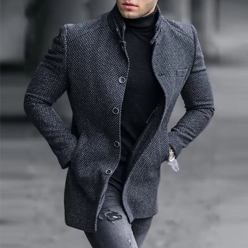 Vintage Stand Collar Button-Up Jackets Mens Autumn Fashion Long Sleeve Slim Coats Men Winter Casual Plaid Textured Jacket Coat