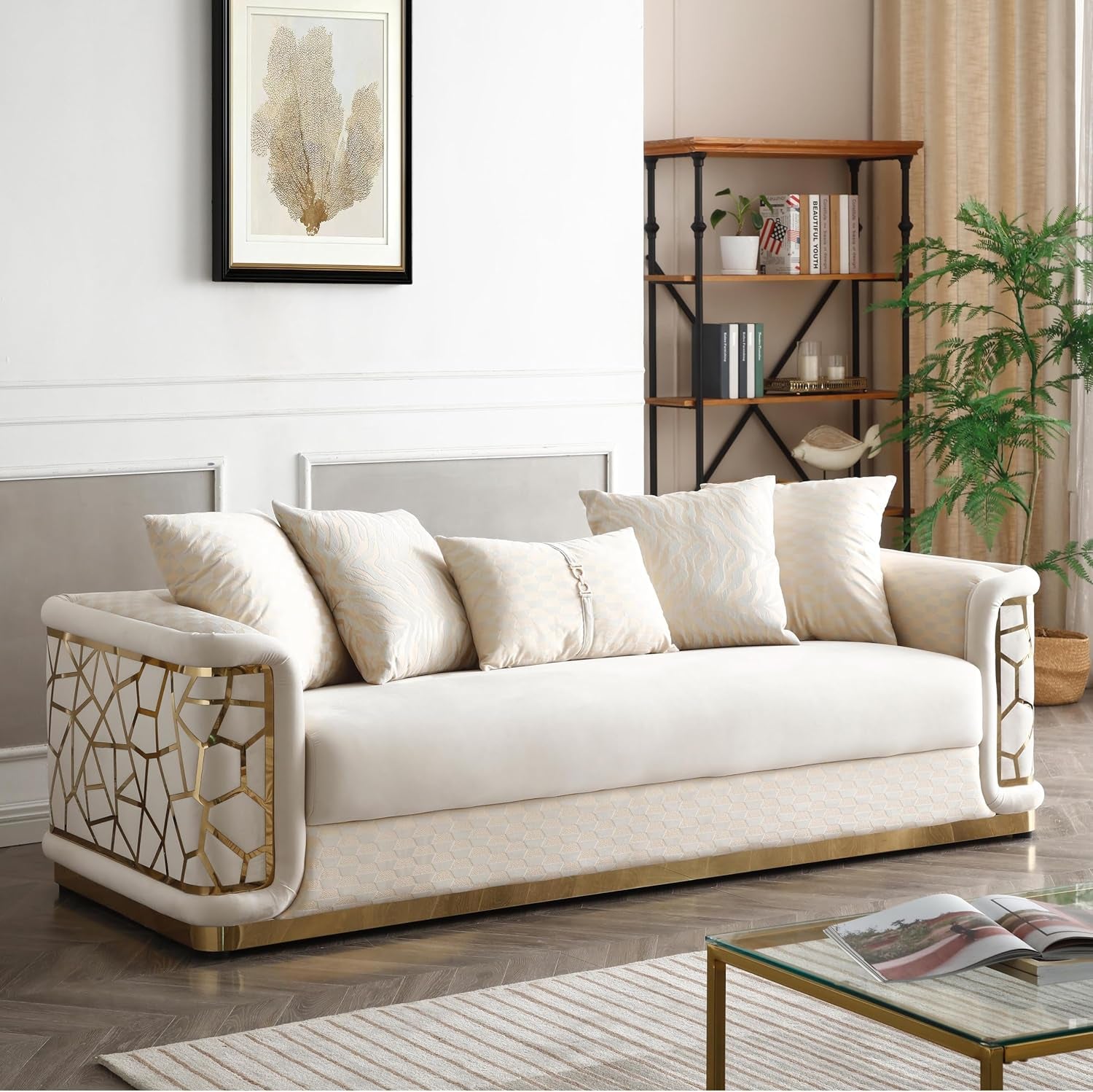 New Velvet Luxury Couch Sofa - Three Seater with Unique Patterned Design and Gold Accents