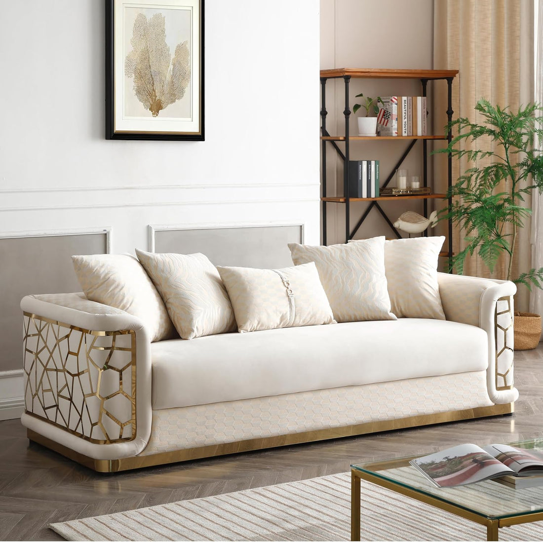 New Velvet Luxury Couch Sofa - Three Seater with Unique Patterned Design and Gold Accents