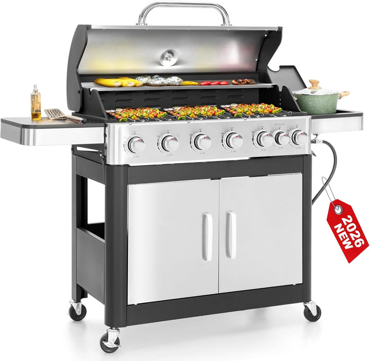 6 Burner Propane Gas BBQ Grill with Side Burner & Porcelain-Enameled Cast Iron Grate, 65,800 Btus Barbecue Grill 665 Sq. In. Grilling Area, Outdoor Propane Grill for Camping Patio Backyard Cooking