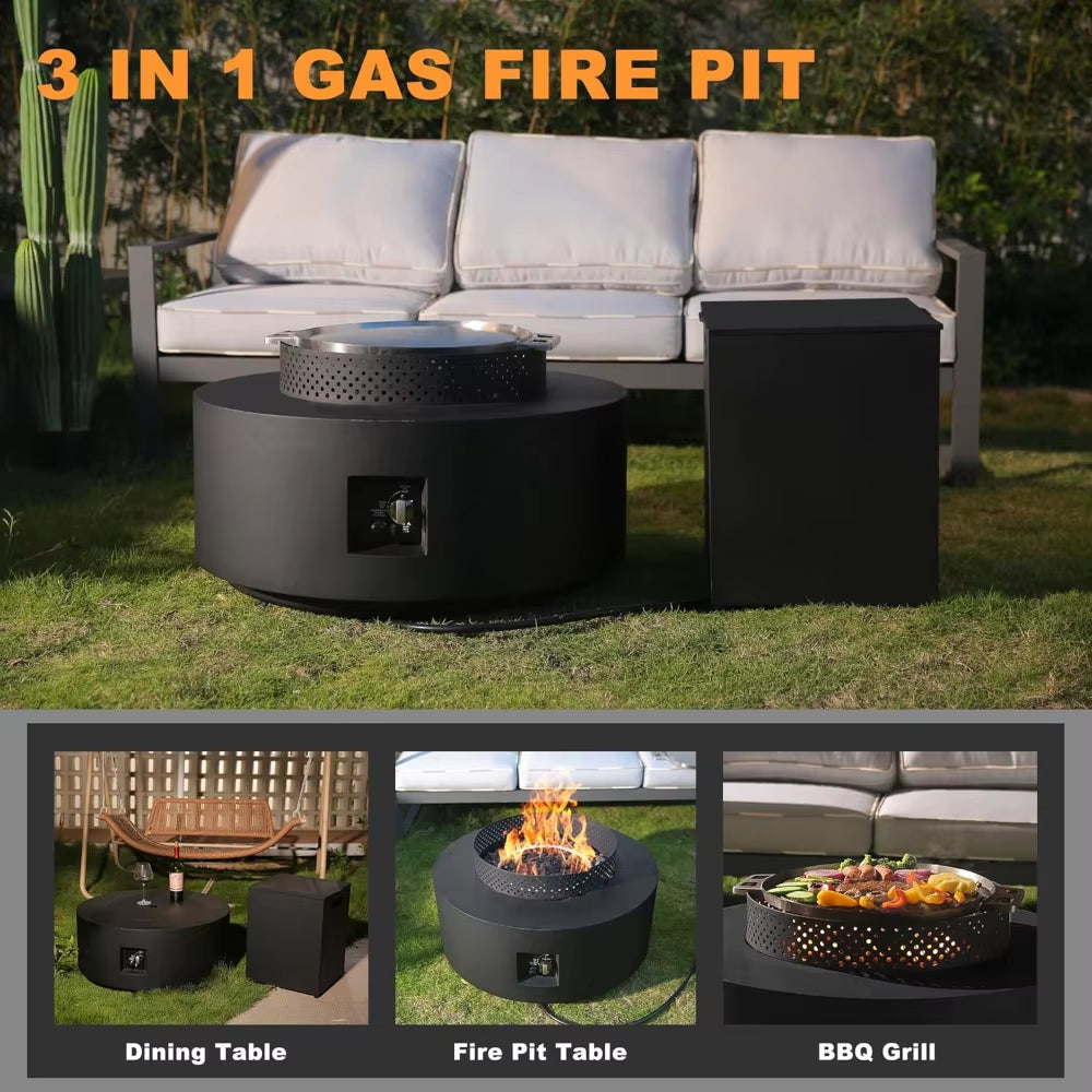 Modern 3-Piece Outdoor Fire Pit Table, 32 Inch Propane Fire Table