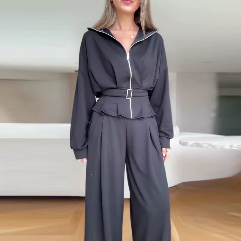 New Autumn Winter Women's 2 Piece Suit Zipper Jacket with Wide Leg Pants 