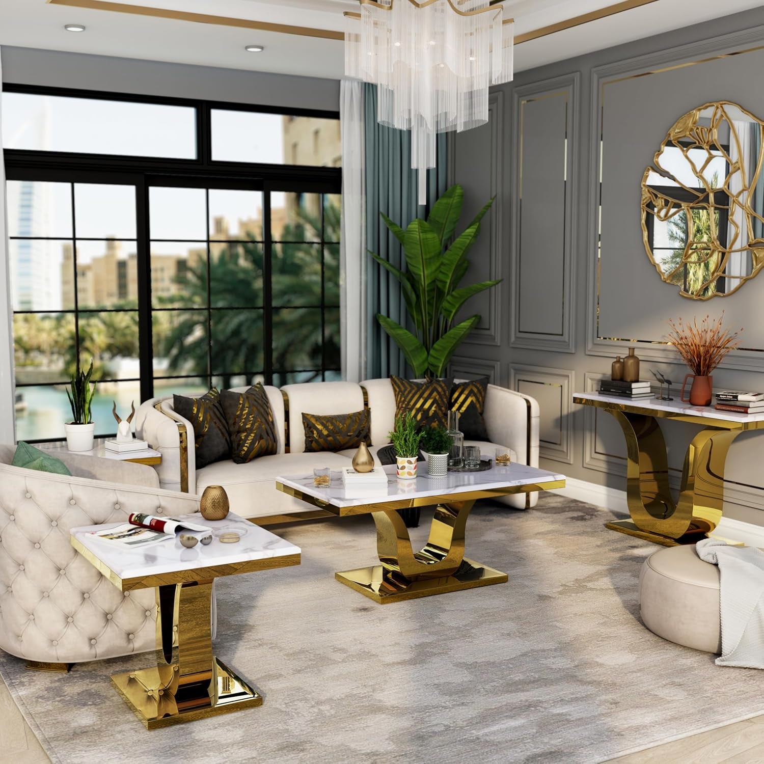 Elite Gold Console Living Room Sofa Table, 50" Rectangle Designed 