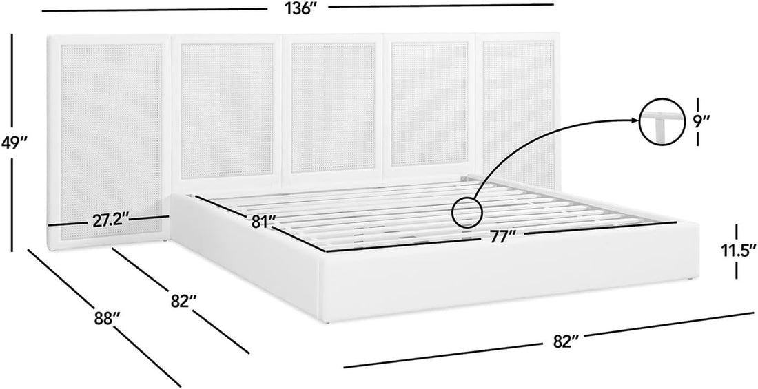 New Upholstered Bed Frame - Rattan Bedframe with Extended Cane Headboard 