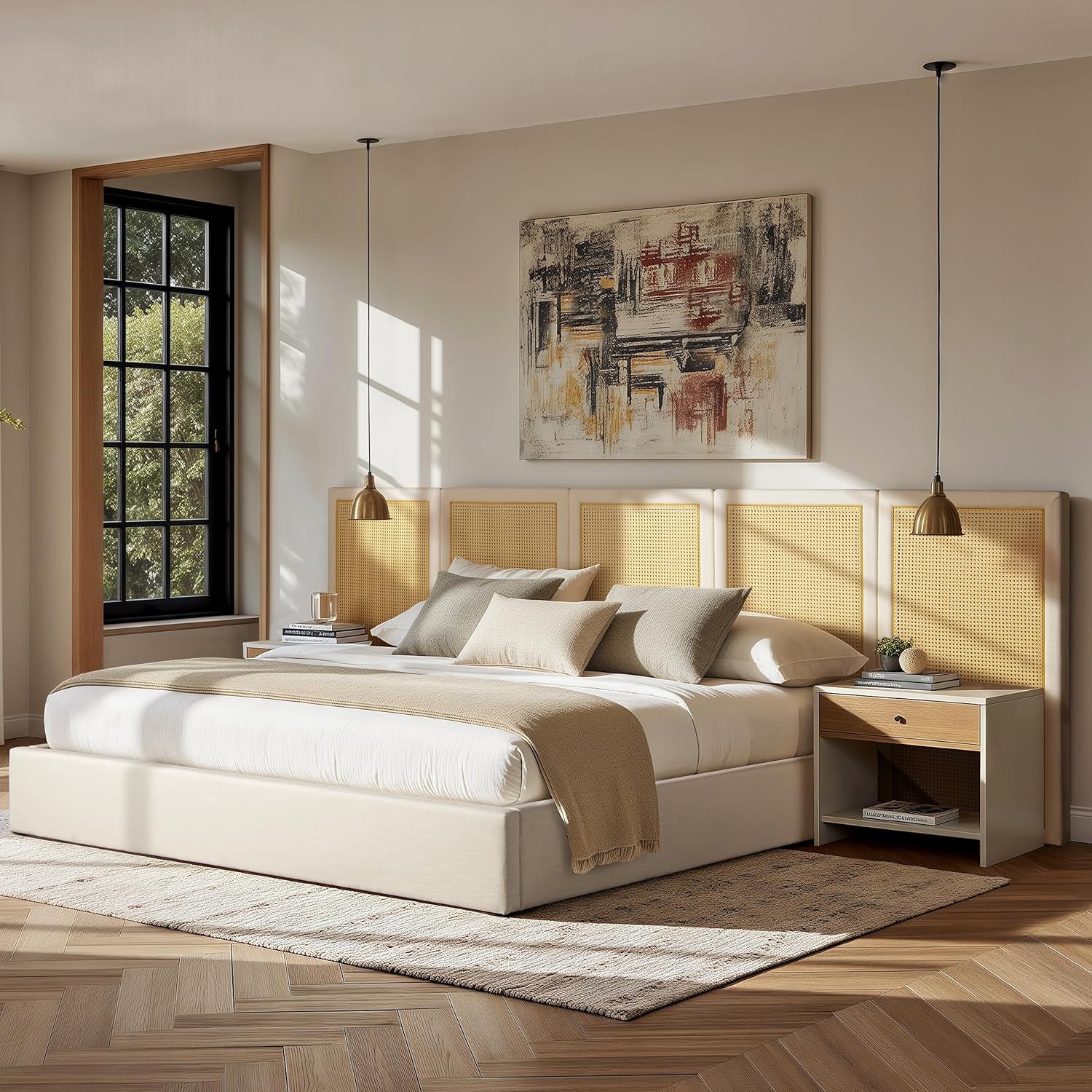 New Upholstered Bed Frame - Rattan Bedframe with Extended Cane Headboard 