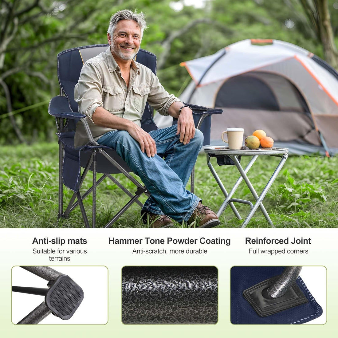 Folding Camping Chair Oversized Heavy Duty Padded Outdoor Chair with Cup Holder Storage and Cooler Bag, 450 LBS Weight Capacity, Thicken 600D Oxford,2 Pack