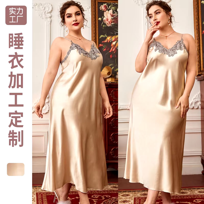 New Sleepwear Women Lace Silk Satin Sleeveless Nighties Summer V-Neck Suspender Thin Long Imitation Silk Nightgown