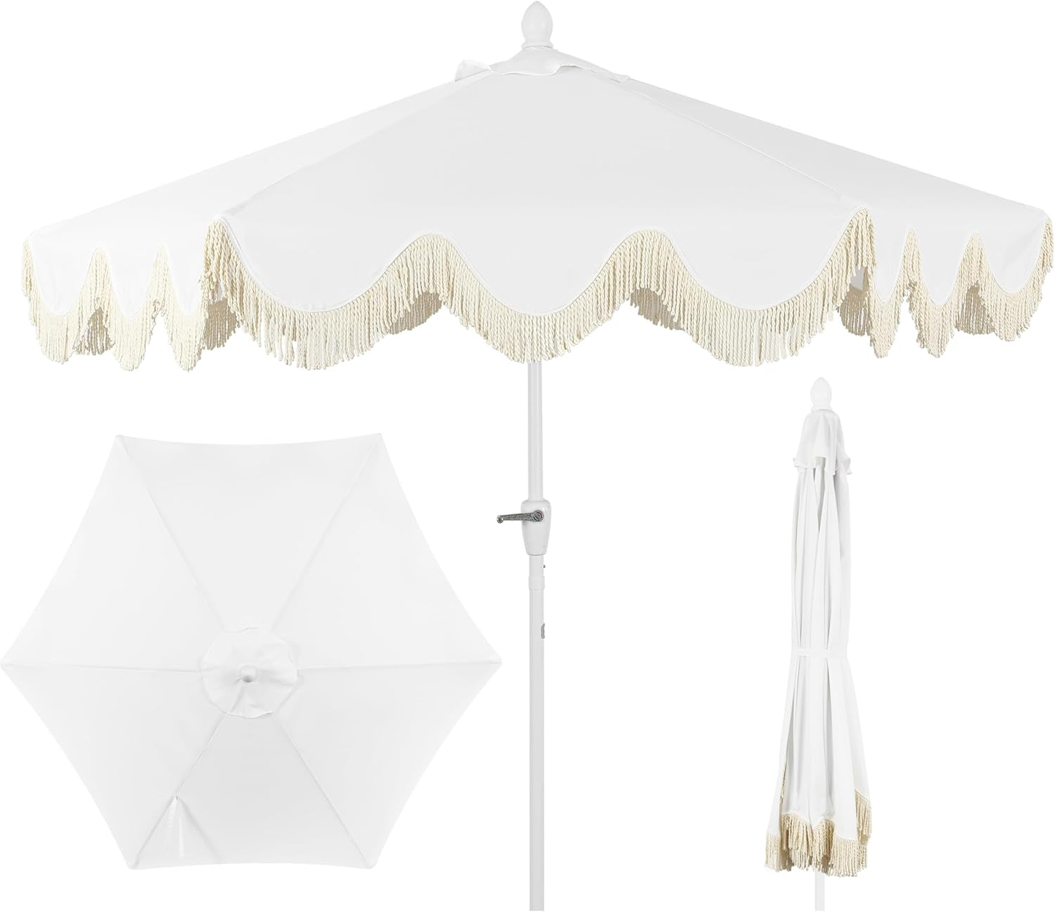UMB1001 Collins 9 Ft. Classic Cottage Tassel Market Patio Umbrella with Auto-Tilt, Crank, Wind Vent and UV Protection