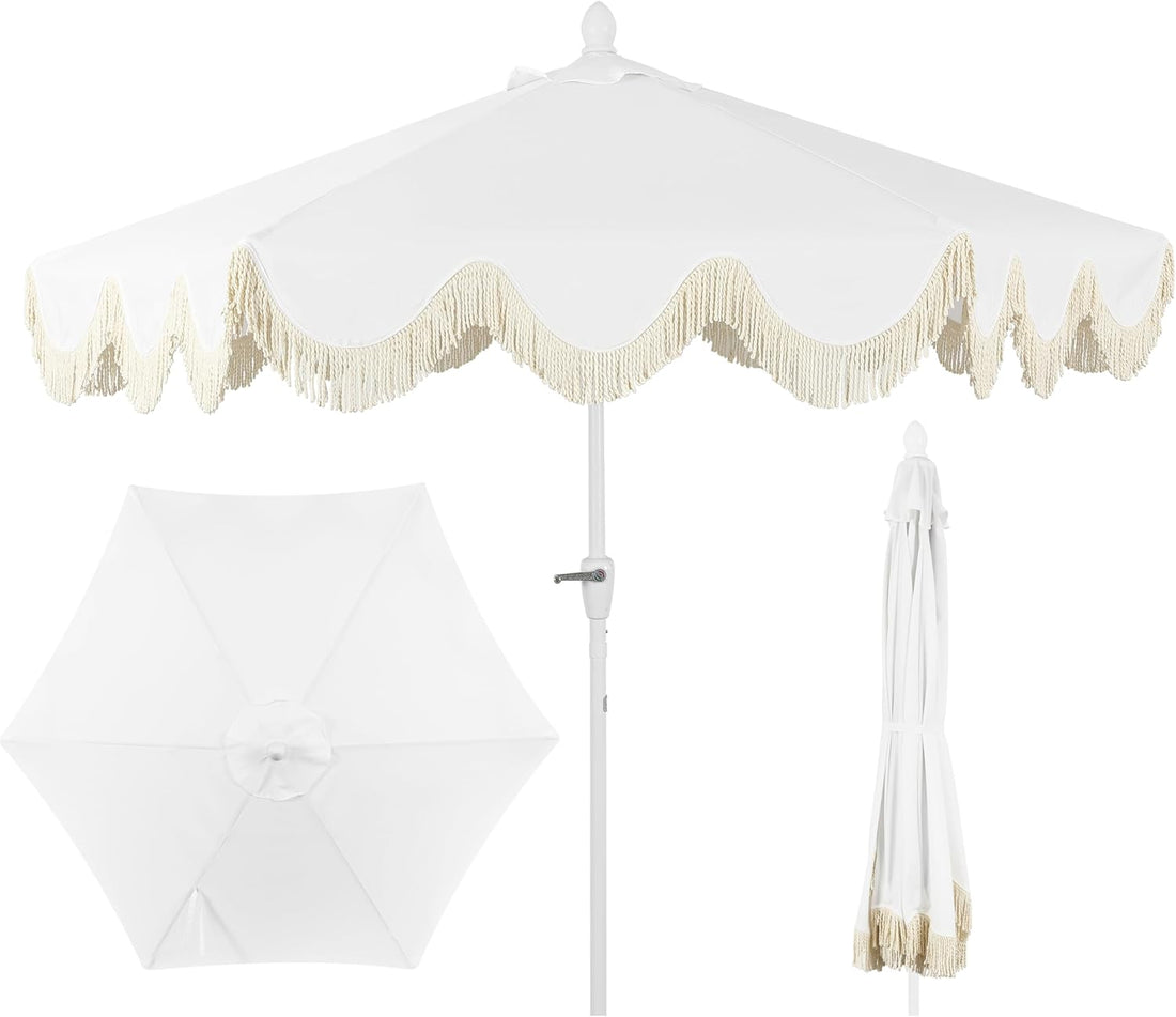 UMB1001 Collins 9 Ft. Classic Cottage Tassel Market Patio Umbrella with Auto-Tilt, Crank, Wind Vent and UV Protection