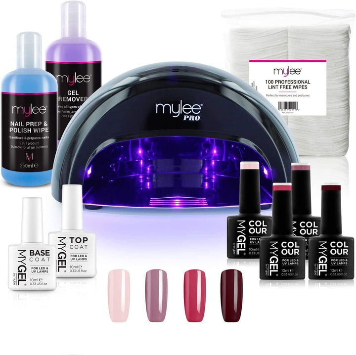 New  Professional Complete Gel Nail Polish LED Lamp Kit, 4X MYGEL Colours, Top & Base Coat,  PRO Salon Series Convex Curing® LED Lamp, Prep & Wipe, Gel Remover (Black Lamp)