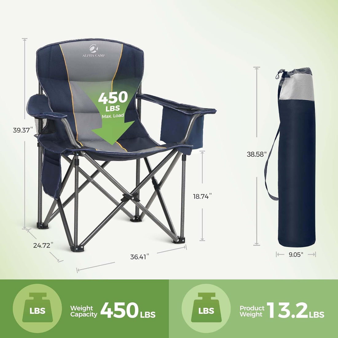 Folding Camping Chair Oversized Heavy Duty Padded Outdoor Chair with Cup Holder Storage and Cooler Bag, 450 LBS Weight Capacity, Thicken 600D Oxford,2 Pack