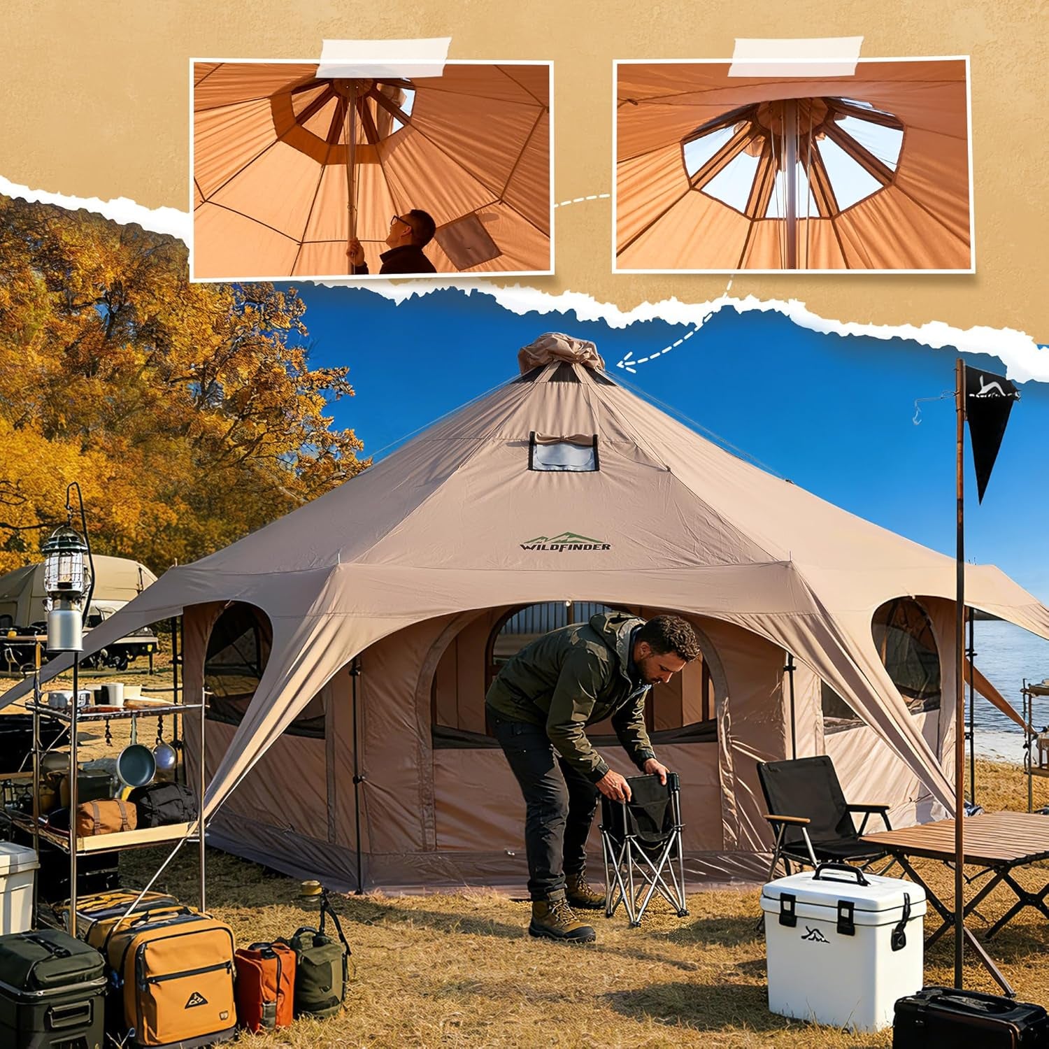 16.5Ft Canvas Bell Tent, Large Yurt Tent with Stove Jack for Camping & Glamping, 55" High Walls, Maximum Space, Waterproof 4 Season Hot Tent with 8 Mesh Windows & Removable Floor