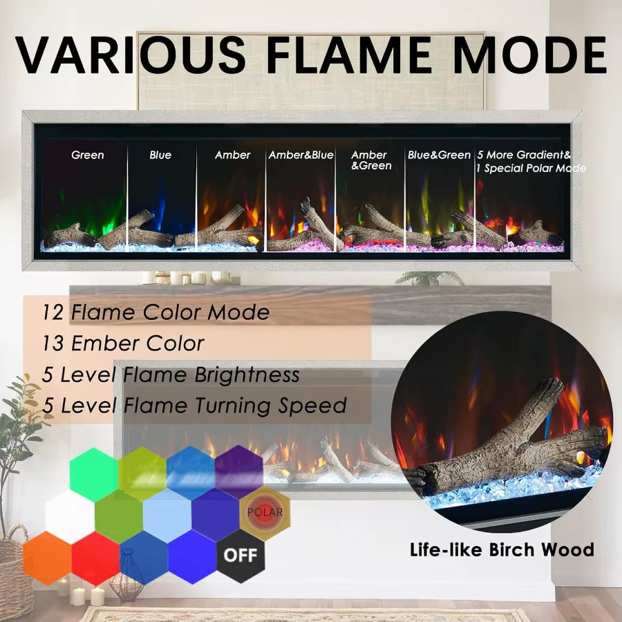 New Wall Mounted 60 Inch Electric Fireplace with Aluminum Frame