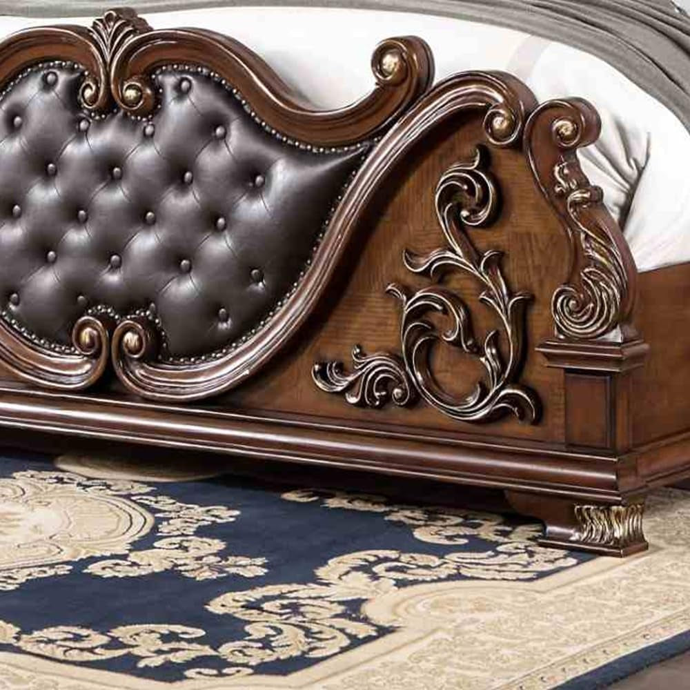 Vintage Traditional Wooden Luxury Bed Frame with Leather Button Tufted 