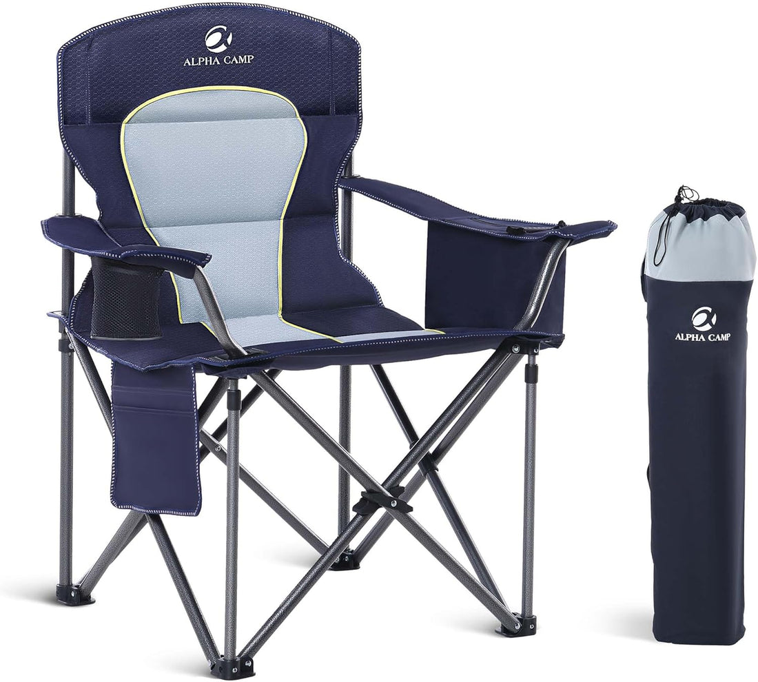 Folding Camping Chair Oversized Heavy Duty Padded Outdoor Chair with Cup Holder Storage and Cooler Bag, 450 LBS Weight Capacity, Thicken 600D Oxford,2 Pack