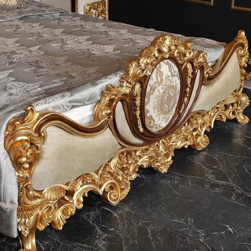 Premium Hand Carving Vintage Gold Wooden King Size Bed