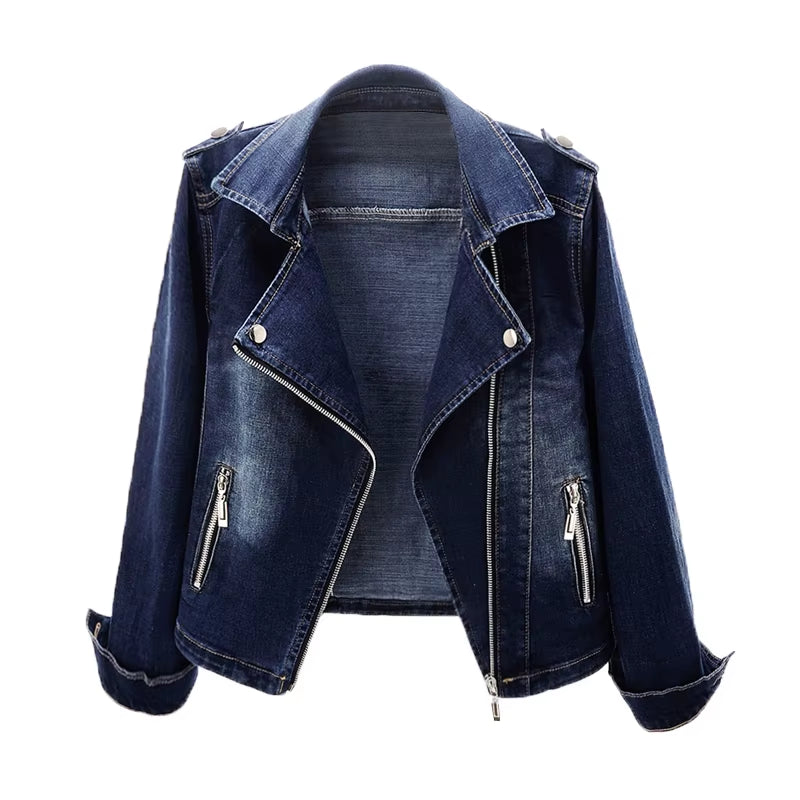 Autumn Women'S Denim Jacket Coat New Fashion Slim Stretch Suit Collar Jeans Outerwear Female Short Motorcycle Jacket Tops AH164