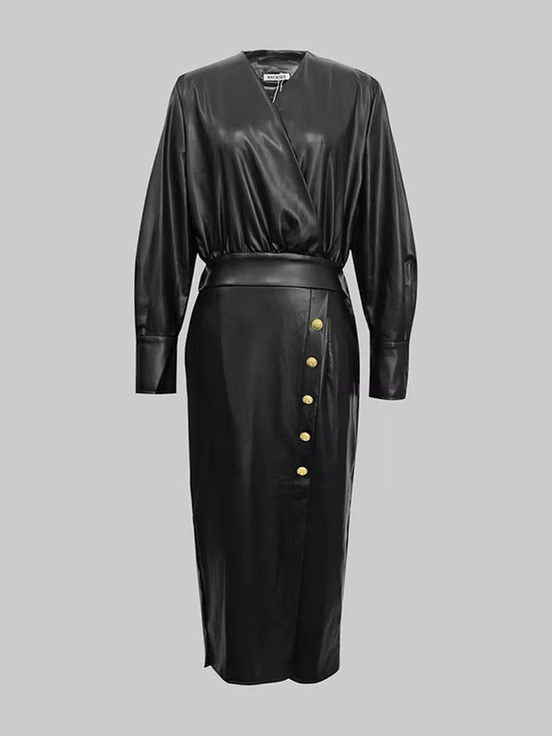 Women Premium Faux Leather High Waisted Pleated Black Long Dress  