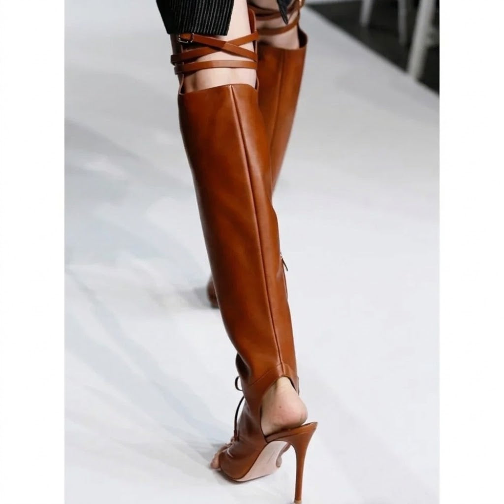 Women’s Black Over-the-Knee Open-Toe Stiletto Boots with Buckle Straps