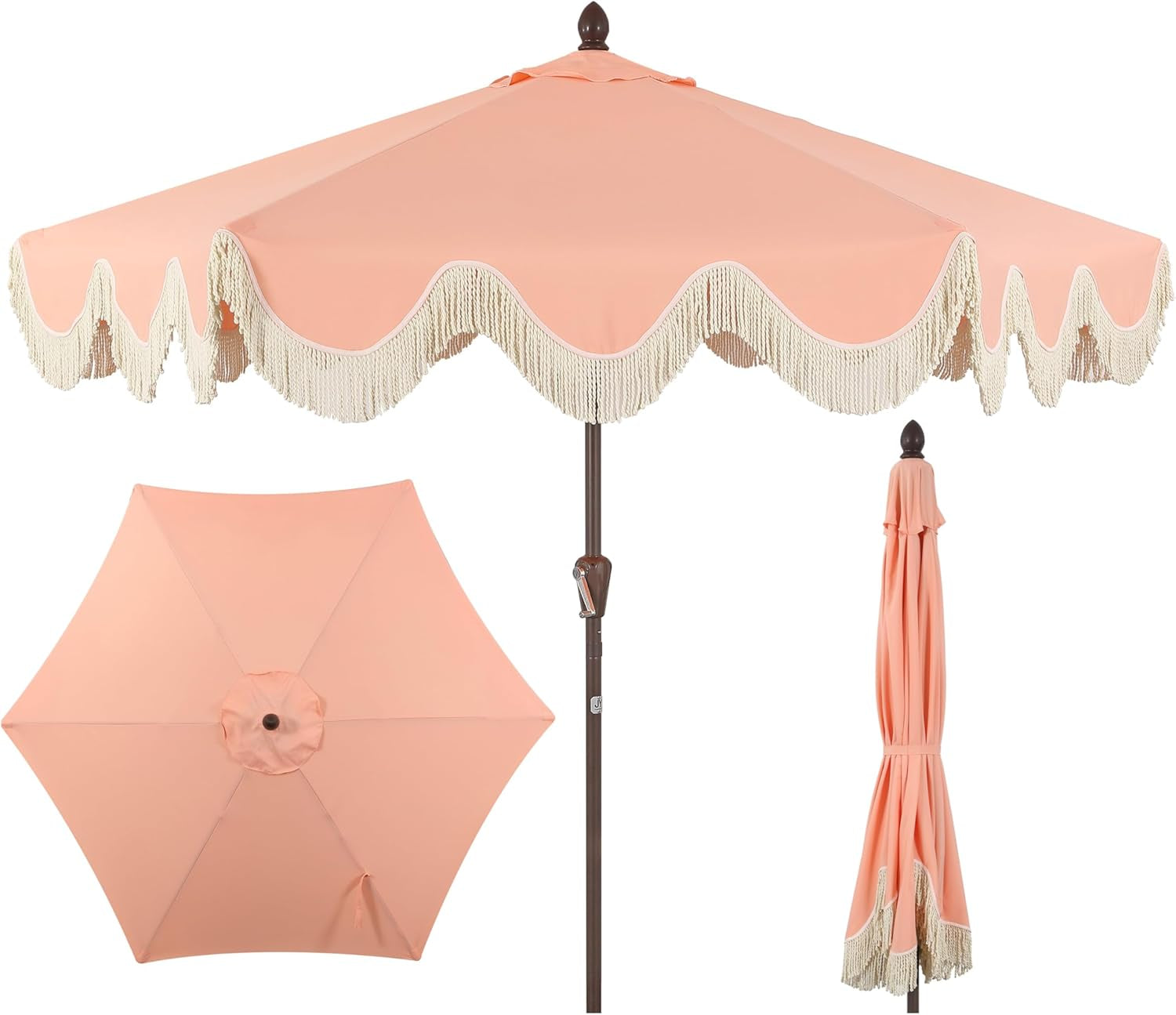 UMB1001 Collins 9 Ft. Classic Cottage Tassel Market Patio Umbrella with Auto-Tilt, Crank, Wind Vent and UV Protection