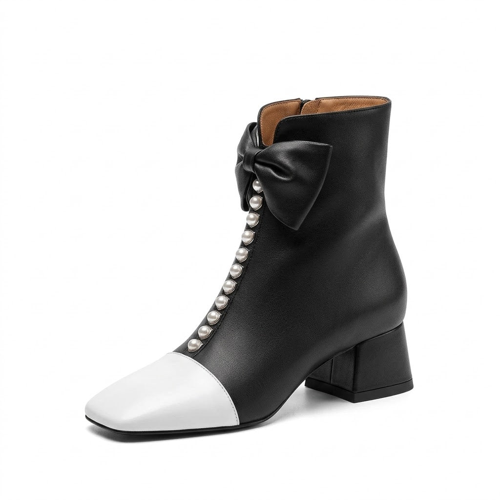 Modern Two-Tone Pearl Bow Ankle Boots – Elegant Square Toe Women's Party Booties