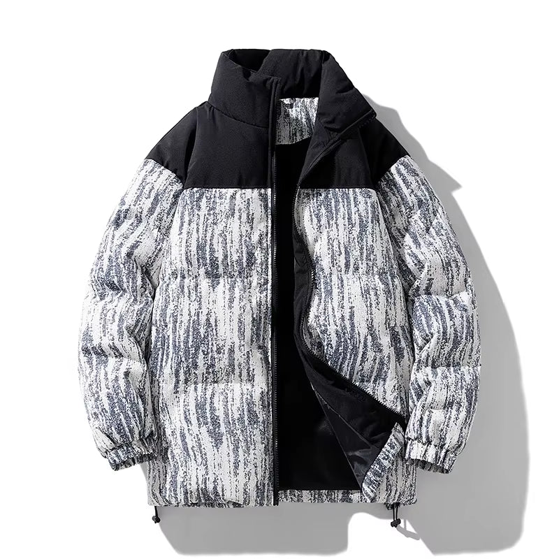 Men'S Warm Jacket Winter New Fashion Tie-Dye Gradient Loose Outdoor Travel Stand Collar Coat Men'S Thickening Padded Clothing