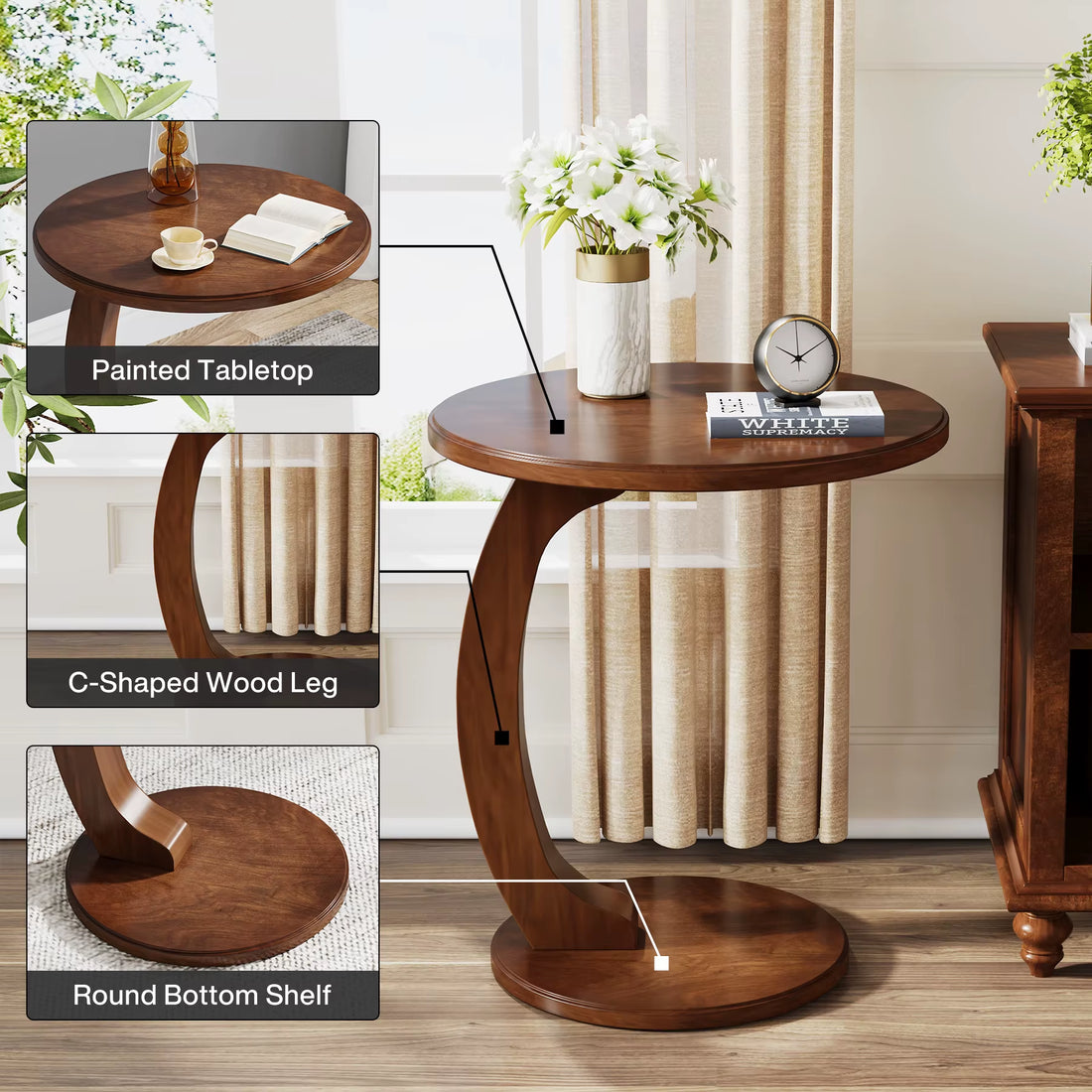 Round End Wood C-Shaped Side Table Modern Home