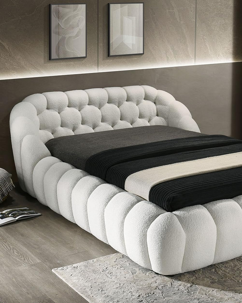 Modern Chenille Luxury Bed Frame Curved Shaped king Size Bed
