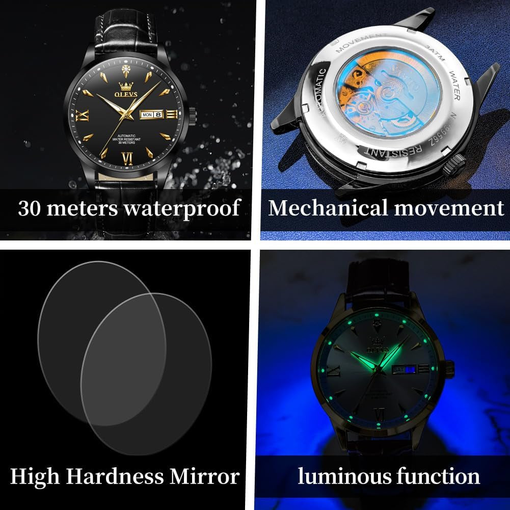 Mens Leather Analog Waterproof, Luminous Watch