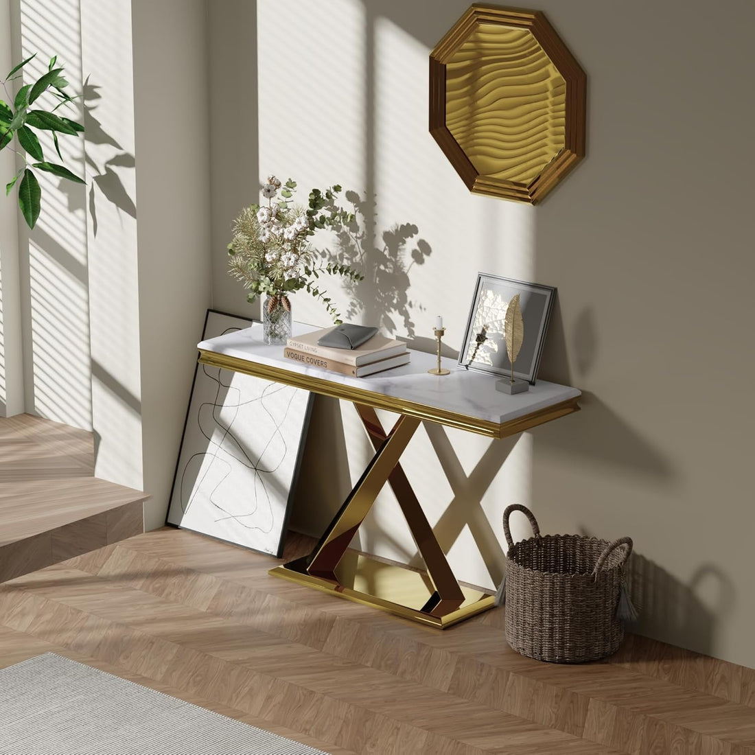 Gold Console Table, 50" Entryway Table with White Tabletop & Gold Polished X-Base, Luxury Sofa Table for Living Room, Hallway, Foyer